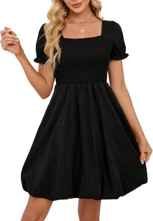 Women's Summer Bubble Dresses 2026 Trendy Casual Short Sleeves Square Neck Cute Aline Tiered Sundresses with Pockets