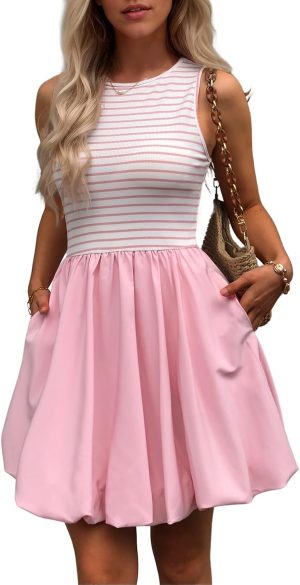 Women's Casual Bubble Mini Dress with Pockets Sleeveless Bubble Hem Striped Tank Short Dresses Summer