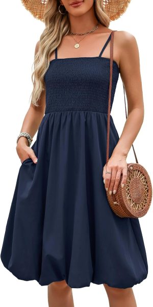 Womens Summer Smocked Sun Dress with Pockets 2026 Trendy Spaghetti Strap Boho Beach Casual Midi Bubble Dresses