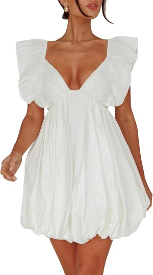 Summer Mini Dress Deep V-Neck Babydoll Dress Bubble Dress Backless Lace Up Sexy Short Dress