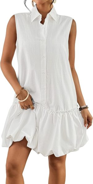 Womens Casual Summer Dresses Sleeveless Linen Bubble Mini Short Dress Button Down Shirt Sundress with Pockets