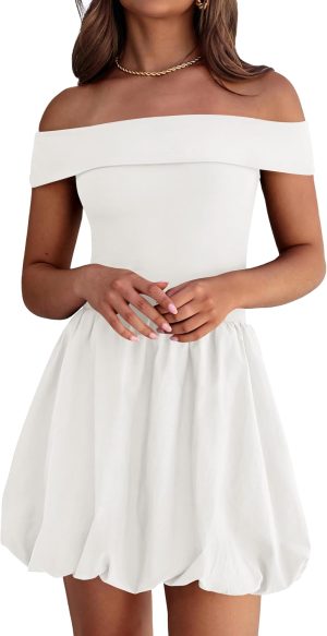 Women Summer Sexy Off Shoulder Bubble Dress 2026 Knit and Woven Cocktail Party Mini Dresses with Pockets