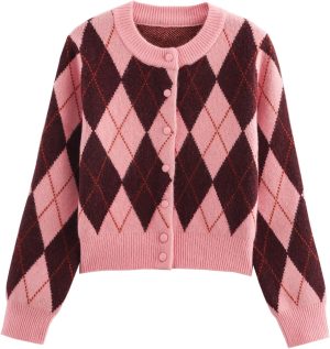 Argyle Sweater Women Vintage Knit Cardigan Sweater Long Sleeve Button Down Soft Outwear for Fall Spring