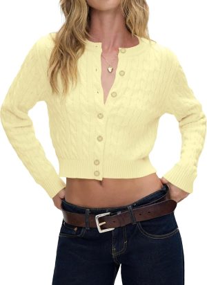 Women  Cute Button Up Open Front Cable Knit Cropped Cardigan Preppy Long Sleeve Pullover Sweater Fall Outfits