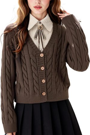 Women's 2 in 1 Cable Knit Cardigan College Style Chunky Sweater Long Sleeve Preppy Knitwear