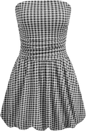 Women's Cocktail Dress Gingham Bubble Tube Dress Strapless Ruched Sleeveless Dresses for Summer Trendy