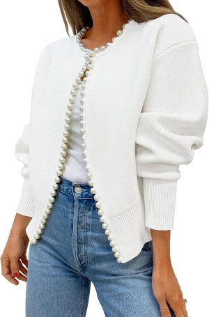 Women's Open Front Cardigan Sweater  Fall Casual Knitted Long Sleeve Pearls Trim Outerwear Coat Trendy Clothes